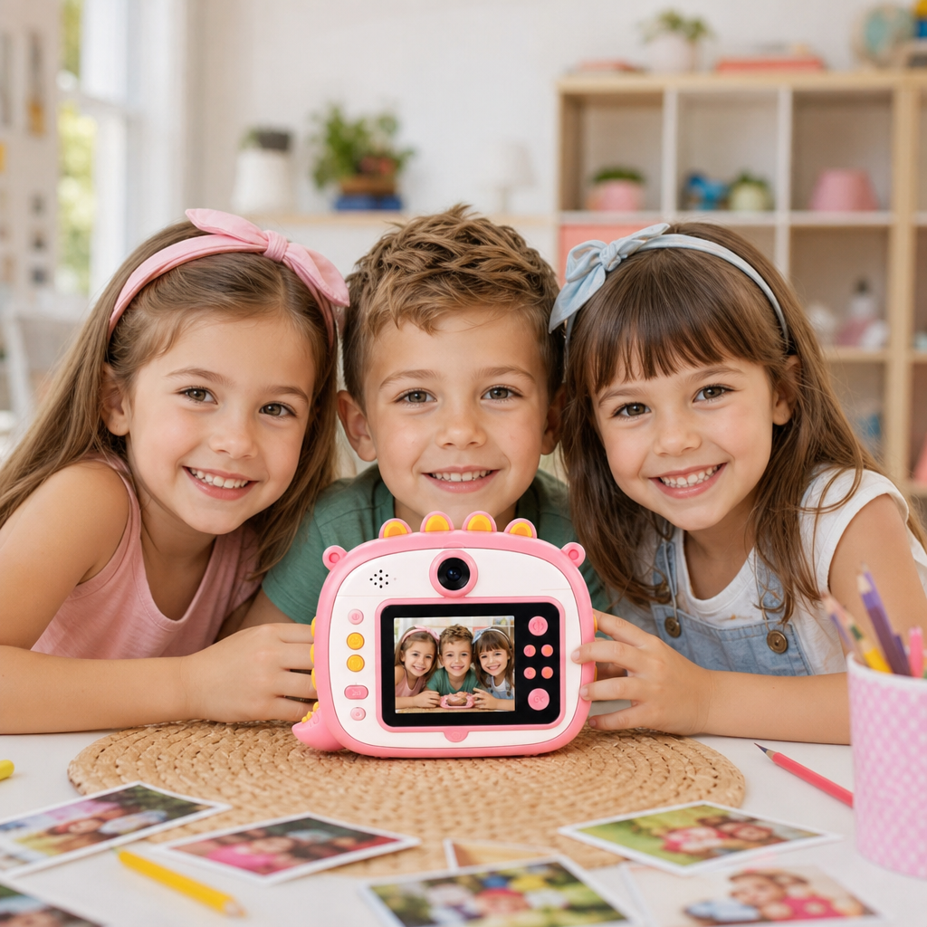 Aparat Foto Instant pentru Copii Model Dinozaur Roz cu Imprimare Foto - in context de utilizare