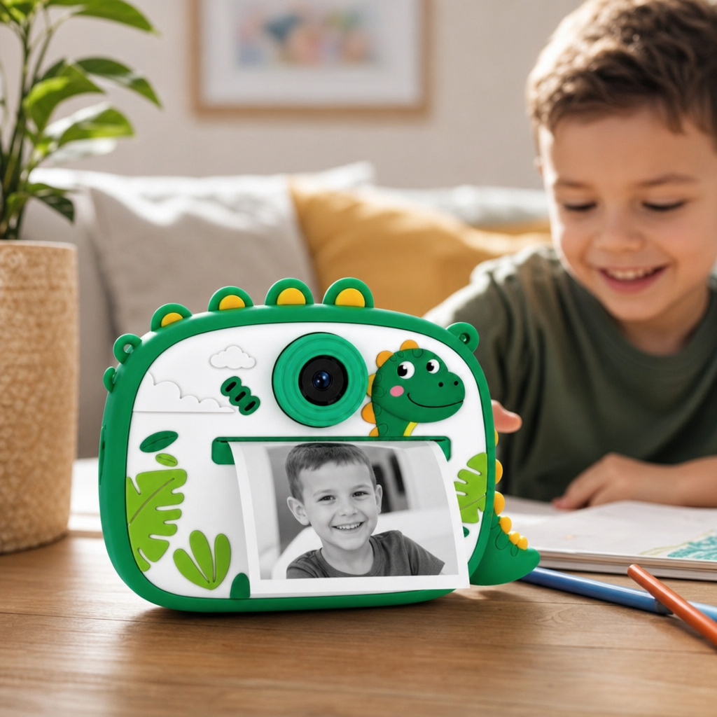 Aparat Foto Instant pentru Copii Model Dinozaur Roz cu Imprimare Foto - in context de utilizare