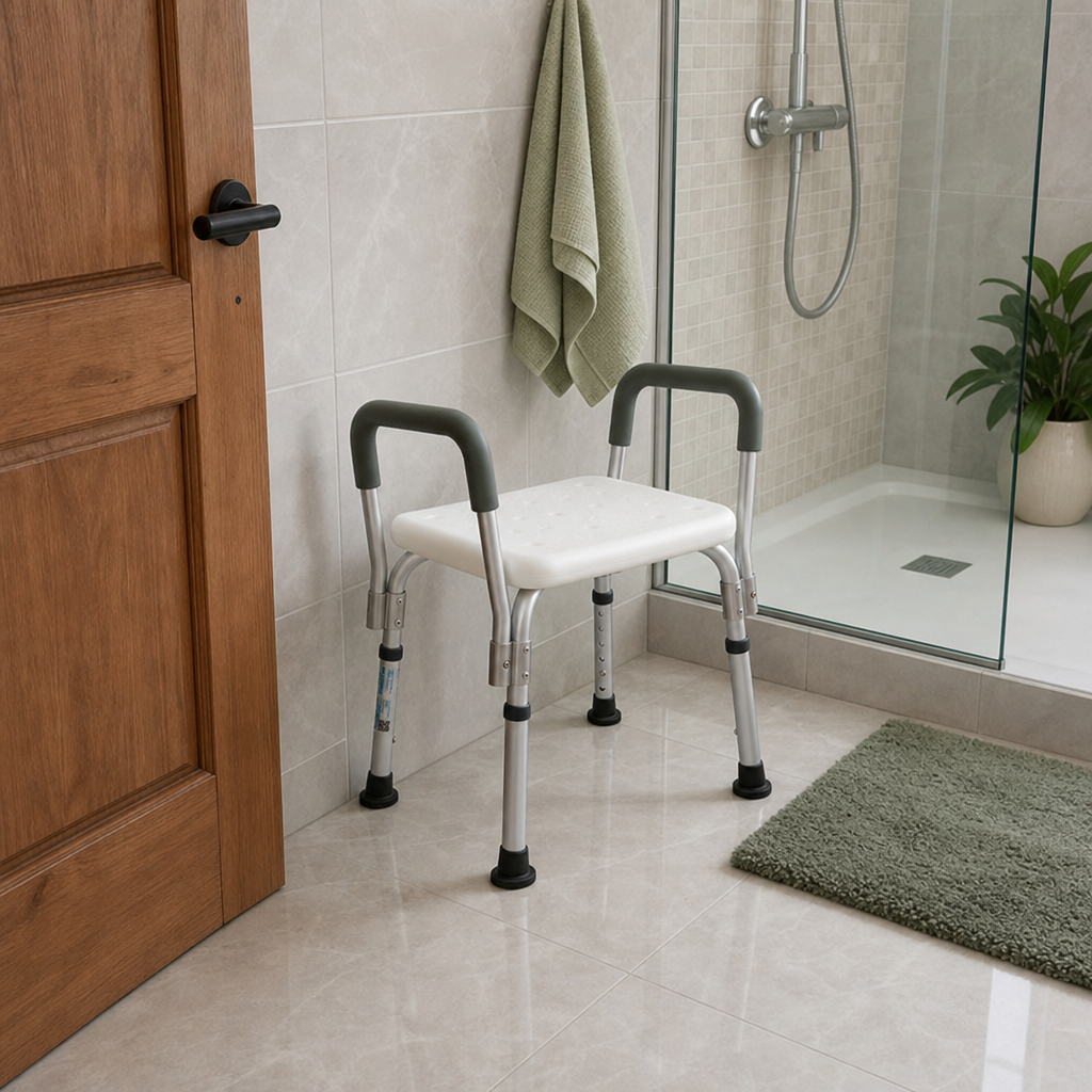 Scaun de Dus Multifunctional Polietilena Sezut Antiderapant Manere Detasabile Inaltime Ajustabila 37.5-49.5cm - in context de utilizare