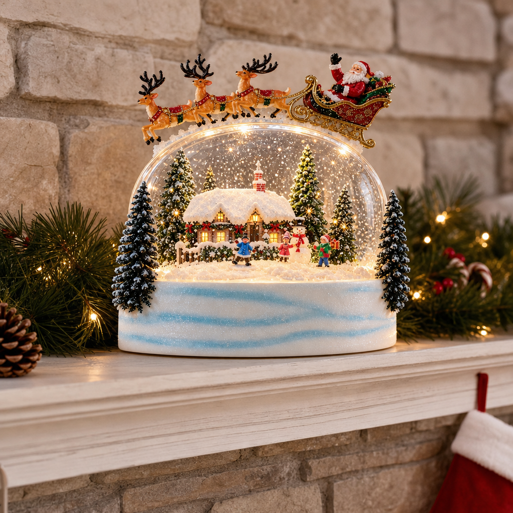 Glob Decorativ de Crăciun Premium cu Moș Crăciun în Sanie, Efect de Ninsoare, Lumină LED și 8 Melodii – 16 × 9,2 × 20 cm - in context de utilizare