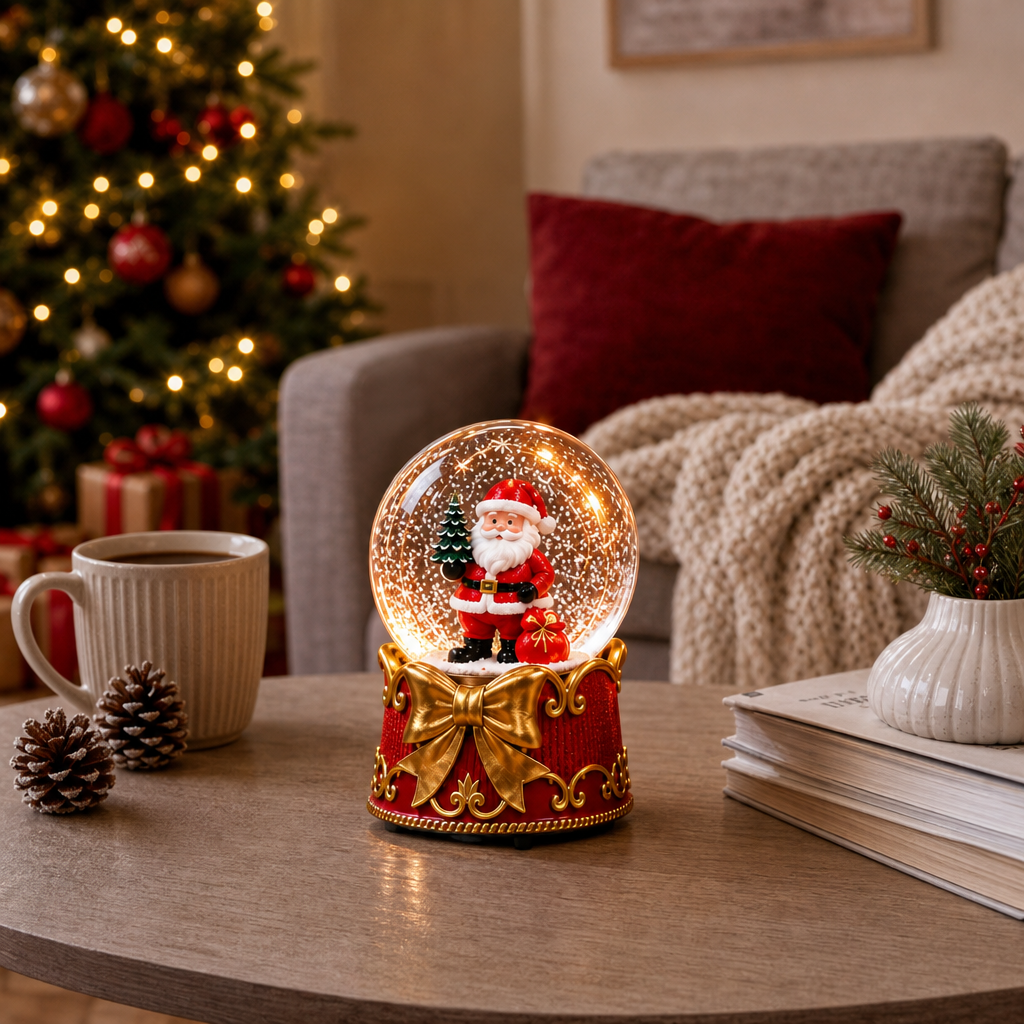 Glob de Zăpadă Premium de Crăciun cu Moș Crăciun, Bază tip Cutie Cadou cu Fundă Aurie, Muzică, Lumină LED și Efect de Ninsoare – 15 × 10 cm - in context de utilizare
