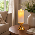 Lumânare LED Premium cu Flacără Realistă, Efect de Ceară Topită și Suport Auriu Elegant – 18 × 5 cm