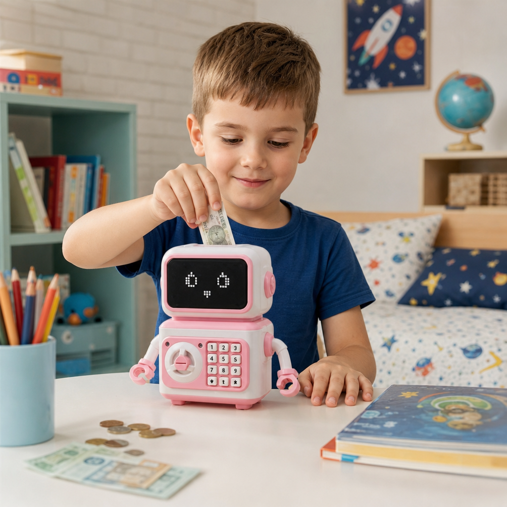 Pusculita Electronica Robot Seif Cod Cheie Lumini Muzica Jucarie Copii - in context de utilizare