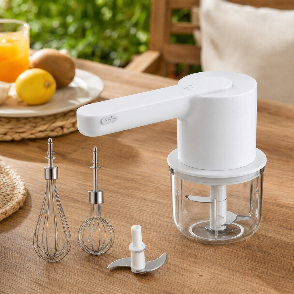 Mini Tocator Electric Multifunctional 2 in 1 cu Teluri Interschimbabile 300ml - in context de utilizare