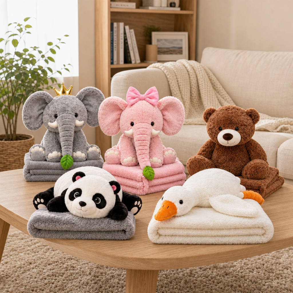 Animalut de Plus 2-in-1 cu Paturica Ascunsa 100x200 cm 5 Modele - in context de utilizare