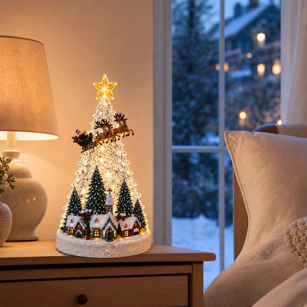 Decorațiune Premium de Crăciun tip Brad cu Sat de Iarnă, Moș Crăciun cu Renii, Lumină LED și Cutie Muzicală – 31,5 × 21 × 21 cm - in context de utilizare