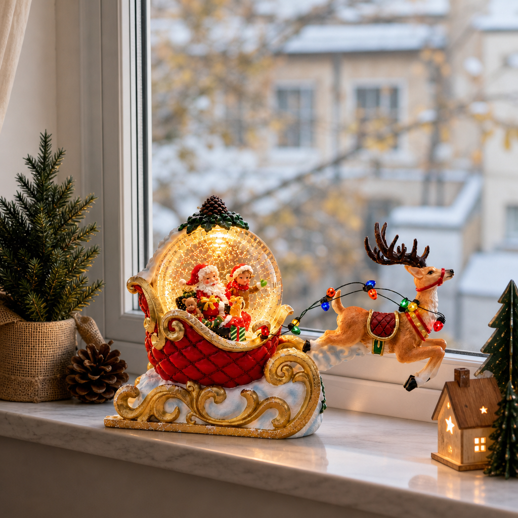 Decoratiune Craciun Santa in Sanie cu Ren LED Lumina Calda Ornament Festiv - in context de utilizare