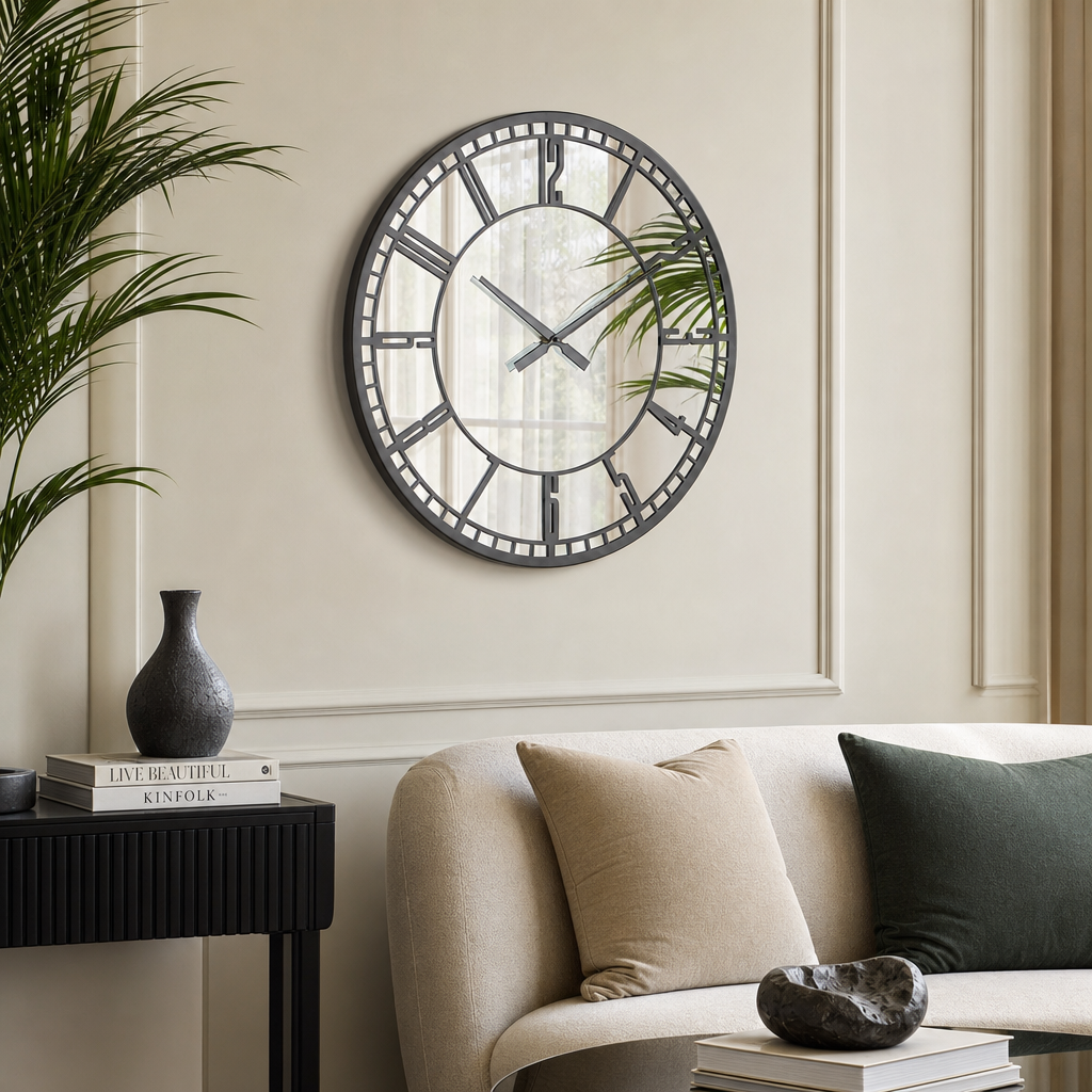Ceas de Perete Decorativ Premium cu Oglindă, Design Modern Metalic, Diametru 60 cm – Negru - in context de utilizare