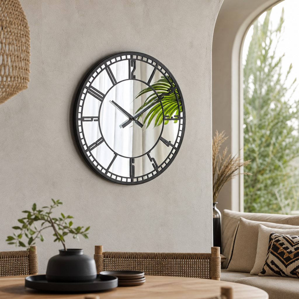 Ceas de Perete Decorativ Premium cu Oglindă, Design Modern Metalic, Diametru 60 cm – Negru - in context de utilizare