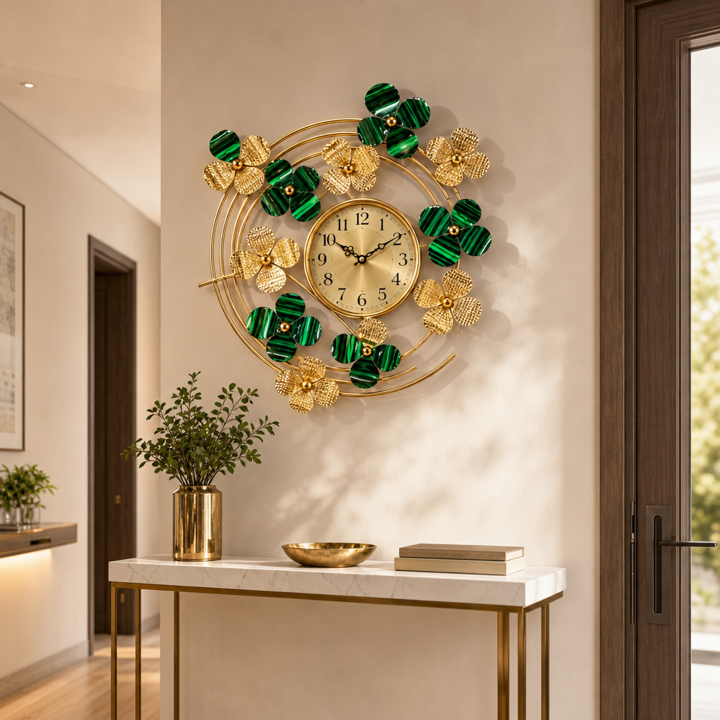 Ceas de Perete Decorativ Premium Floral, Design Auriu cu Verde, Fier, Mecanism Quartz, 60 cm - in context de utilizare