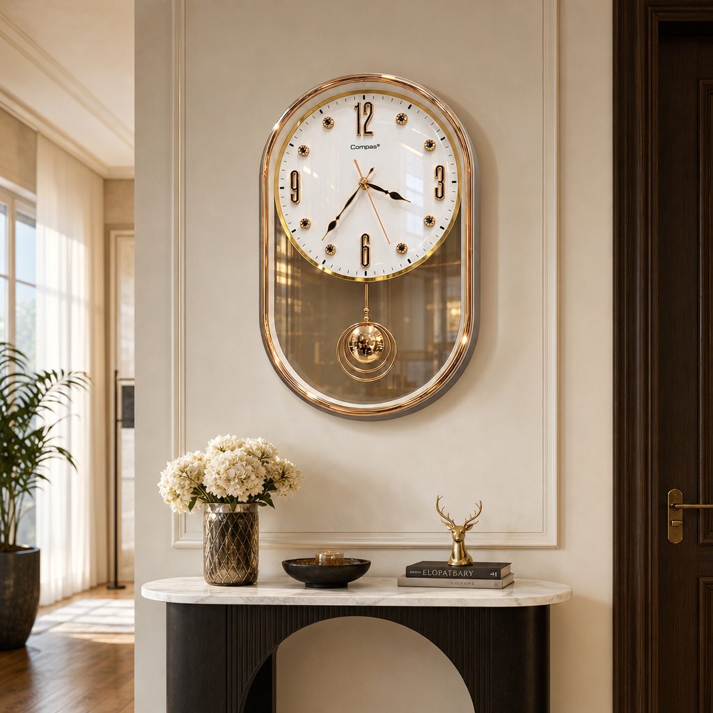 Ceas de Perete Premium cu Pendul Decorativ, Design Elegant Auriu, Formă Ovală – 57 × 30 cm - in context de utilizare