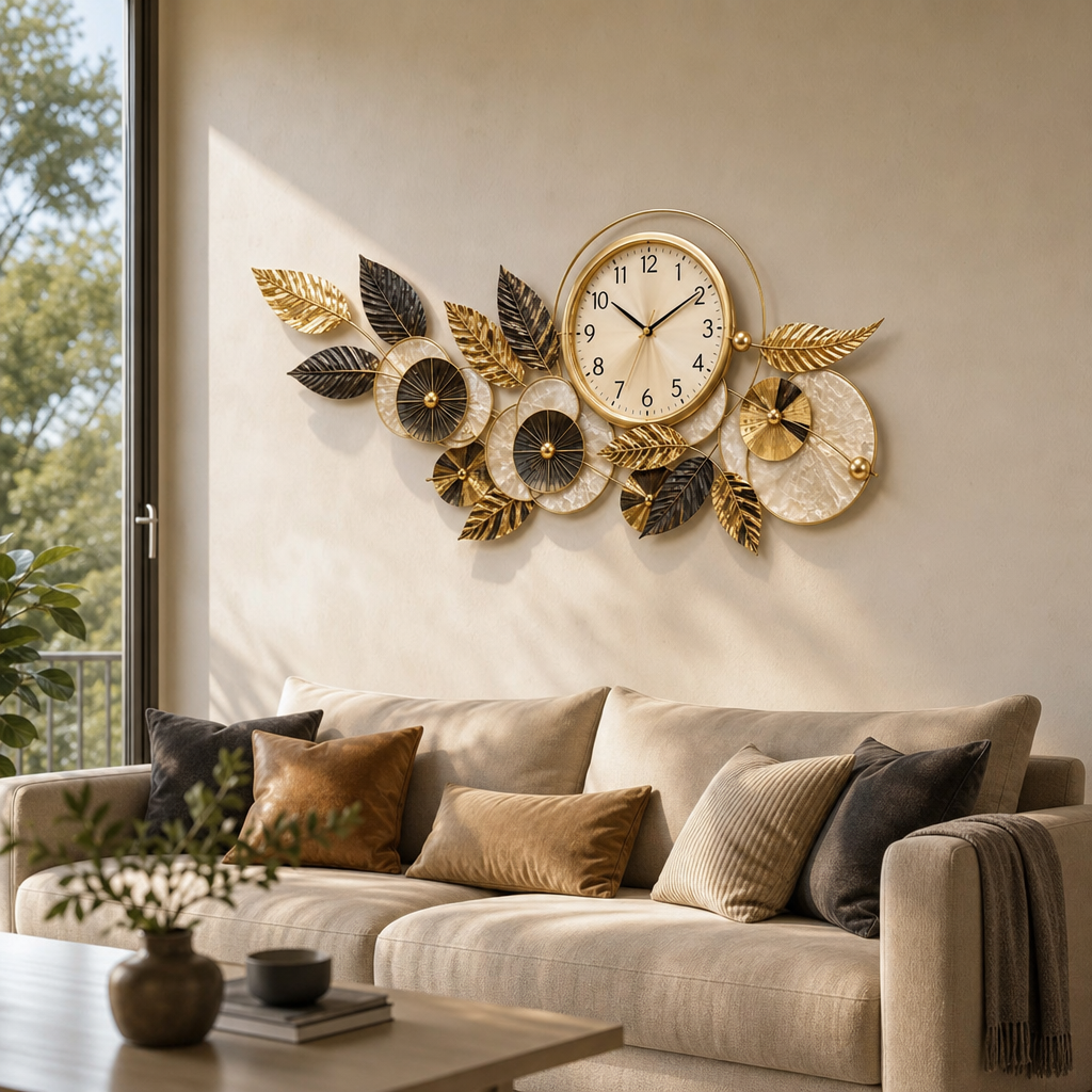 Ceas de Perete Metalic , Design Floral 3D cu Frunze Aurii și Negre, 100 × 40 cm - in context de utilizare