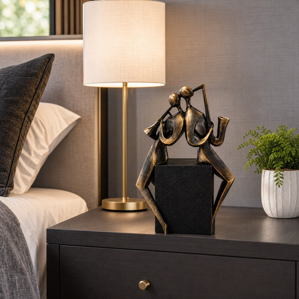 Statuetă Decorativă Premium „Cuplu de Muzicieni”, cu Trompetă și Saxofon, Negru-Auriu, din Rășină – 20,8 × 9 × 21,5 cm - in context de utilizare