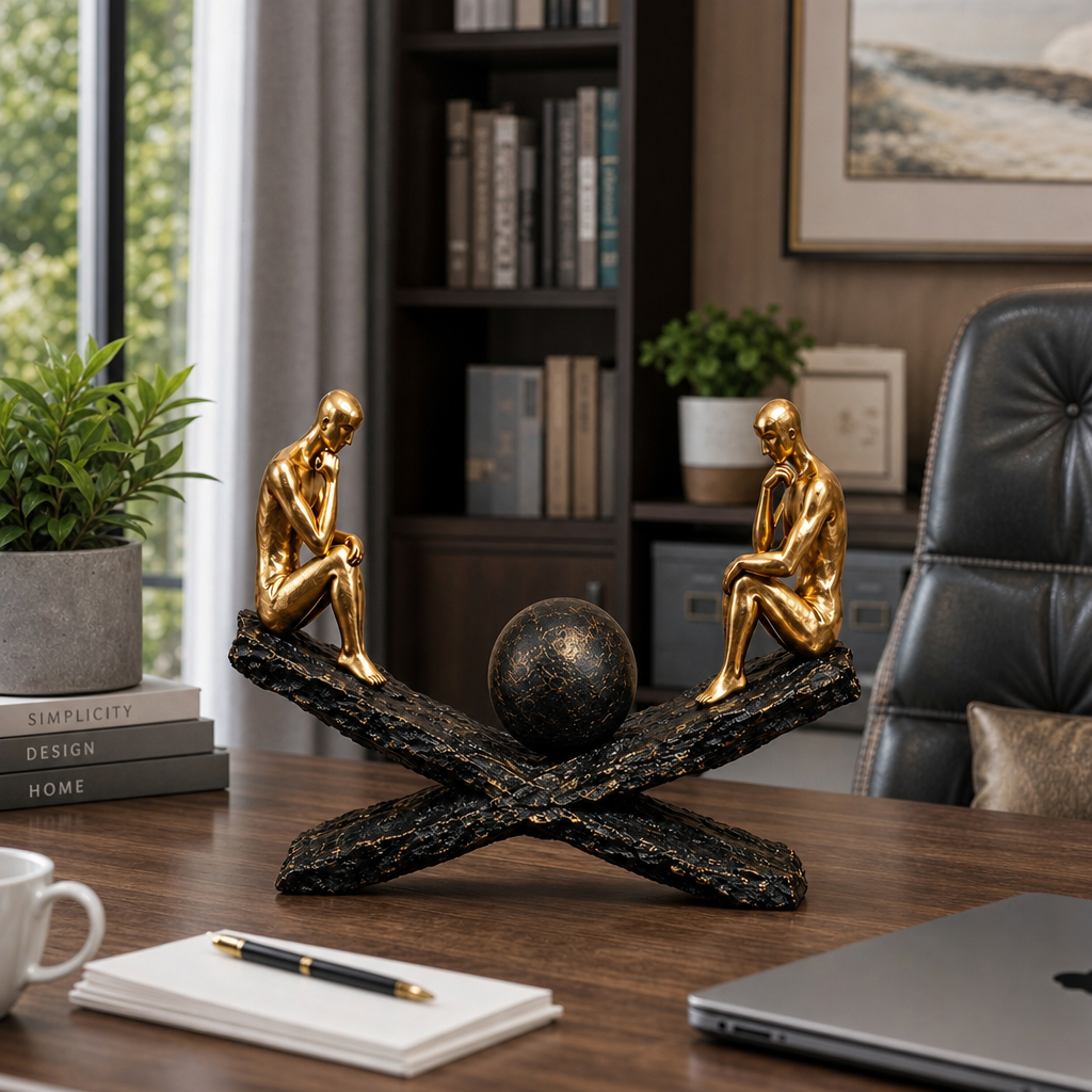 Statuetă Decorativă Premium „Echilibru și Reflecție”, din Rășină, cu Două Siluete Aurii – 29 × 21 cm - in context de utilizare