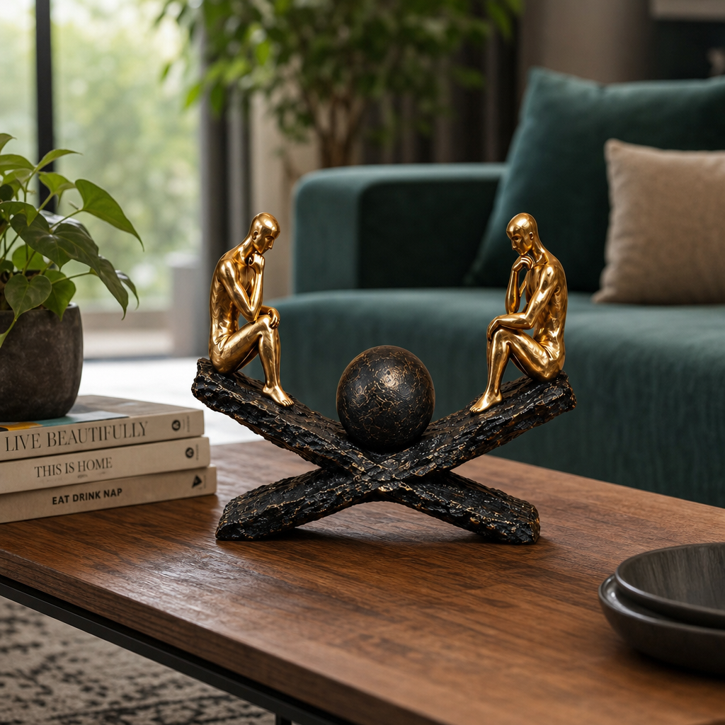 Statuetă Decorativă Premium „Echilibru și Reflecție”, din Rășină, cu Două Siluete Aurii – 29 × 21 cm - in context de utilizare