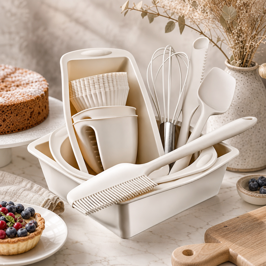 Set de Copt din Silicon Alimentar Non-Stick, 22 Piese, Tăvi și Ustensile, Tel din Inox, Rezistent -40°C până la 230°C - in context de utilizare
