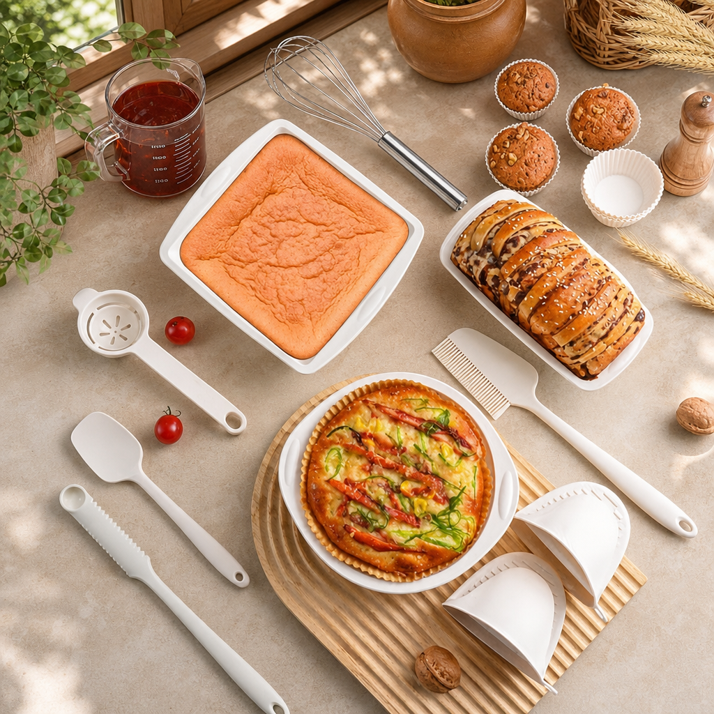 Set de Copt din Silicon Alimentar Non-Stick, 22 Piese, Tăvi și Ustensile, Tel din Inox, Rezistent -40°C până la 230°C - in context de utilizare