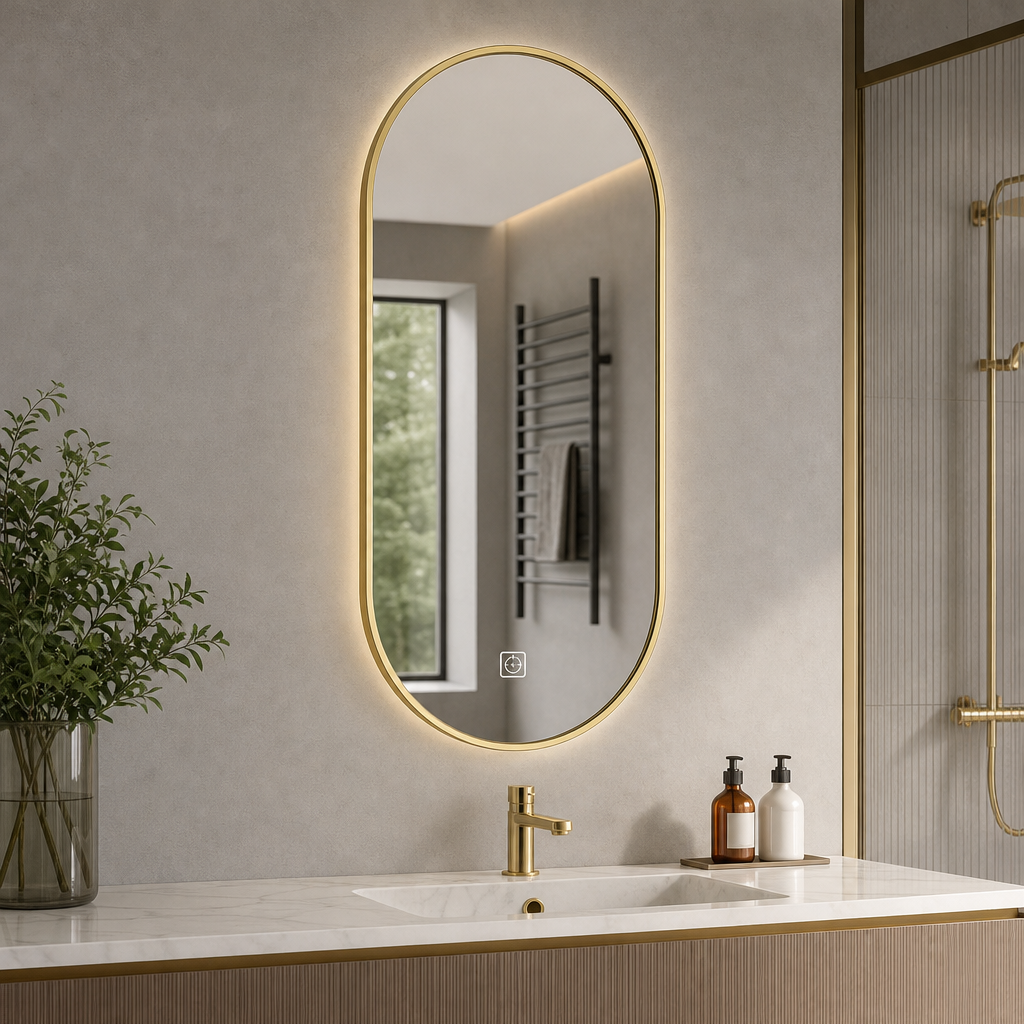 Oglindă LED cu iluminare, funcție touch, dezaburire și lumină reglabilă – 35 x 70 x 3,2 cm - in context de utilizare