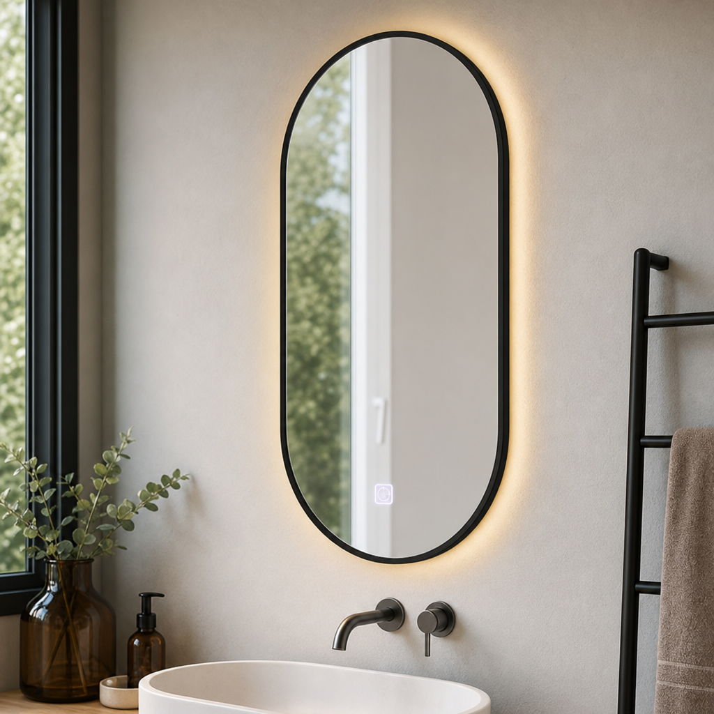 Oglindă LED cu iluminare, funcție touch, dezaburire și lumină reglabilă – 35 x 70 x 3,2 cm - in context de utilizare