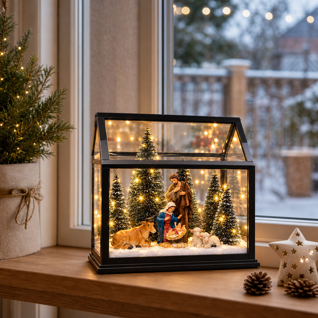 Decorațiune Premium de Crăciun „Sfânta Familie”, Casetă Luminoasă cu Brazi și Scenă Nașterea Domnului – 21 × 21 cm - in context de utilizare