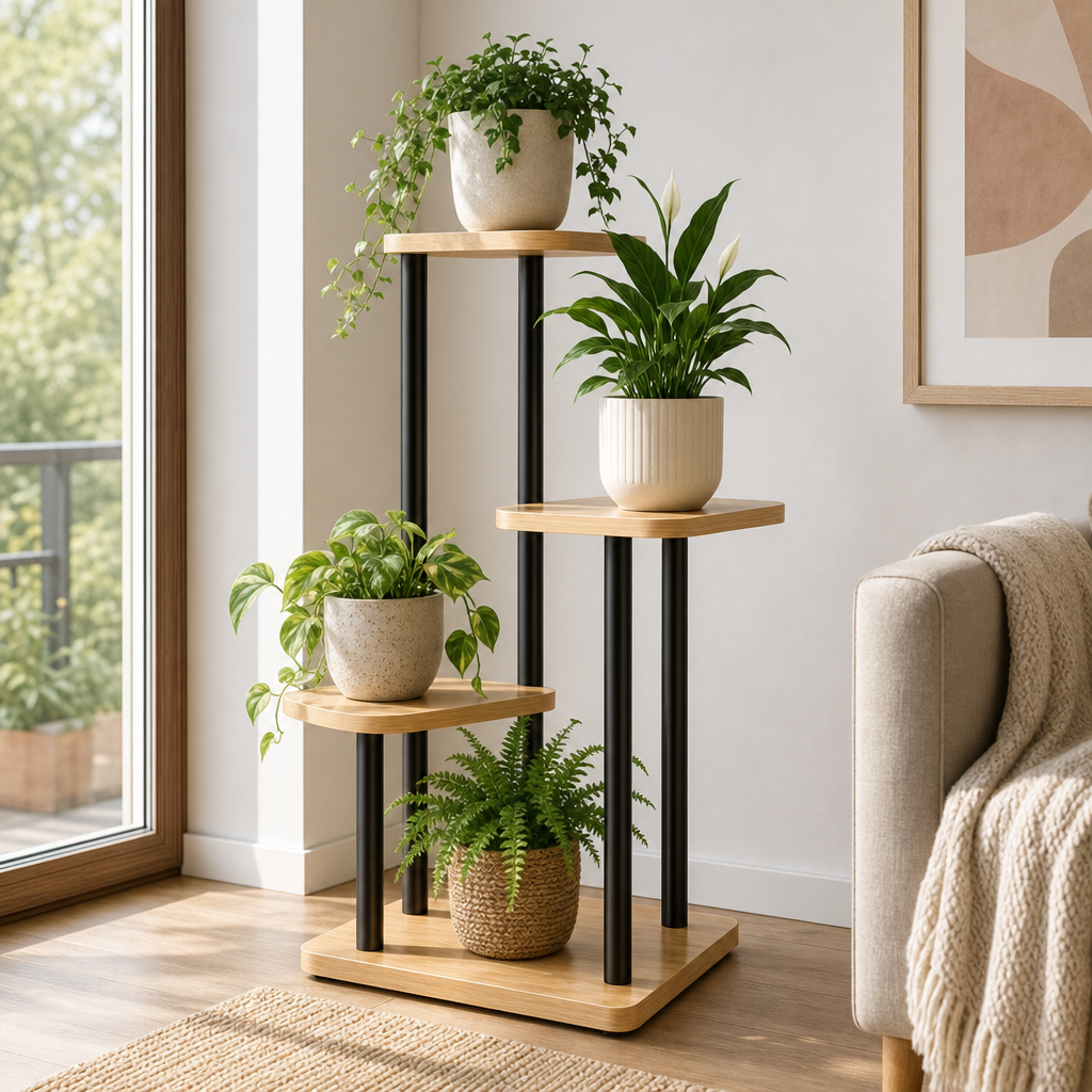 Suport ghivece pentru flori cu 4 niveluri, nuc deschis si negru, 80 cm - in context de utilizare