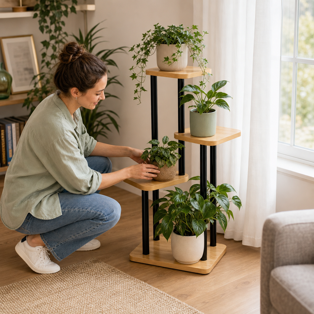 Suport ghivece pentru flori cu 4 niveluri, nuc deschis si negru, 80 cm - mod de utilizare