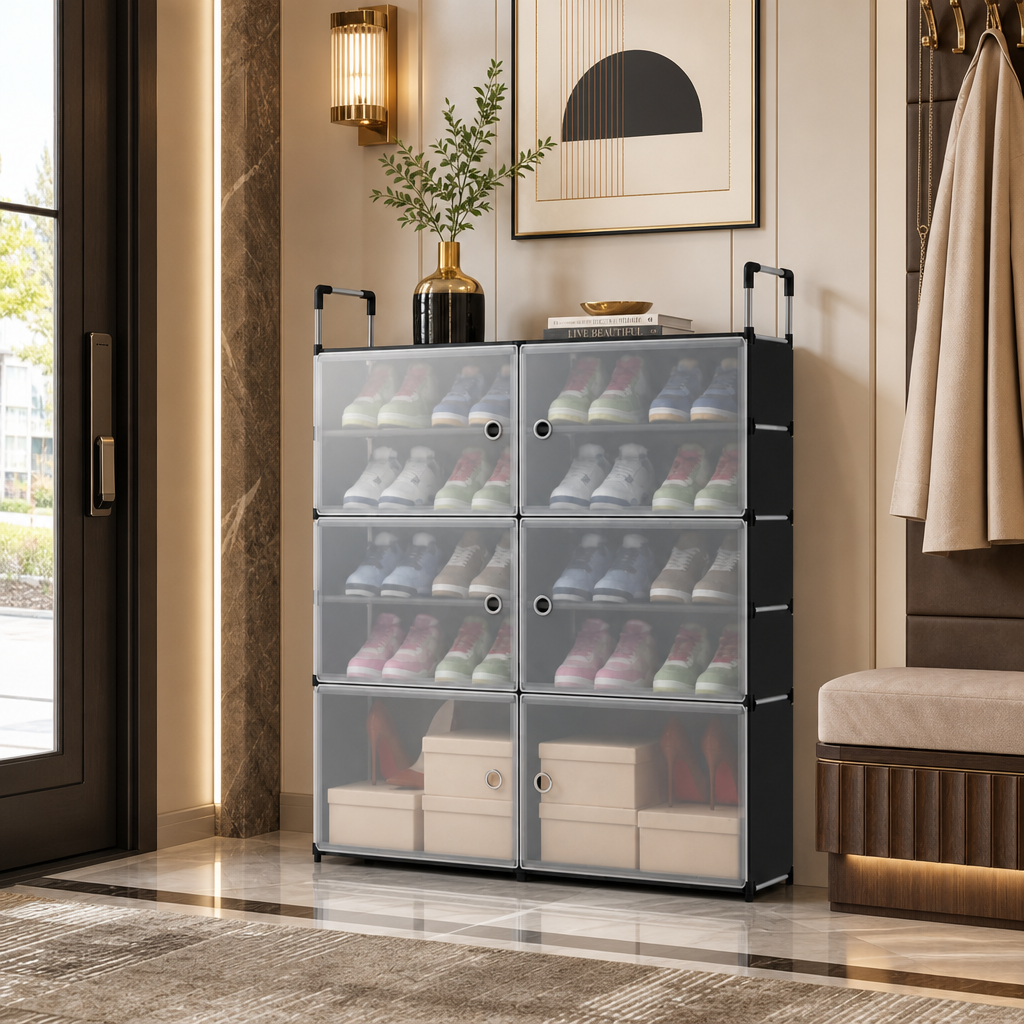 Pantofar Modular cu 6 Compartimente, 81 × 29 × 96 cm, Uși Magnetice Semitransparente, Structură Metalică, Negru/Gri - in context de utilizare