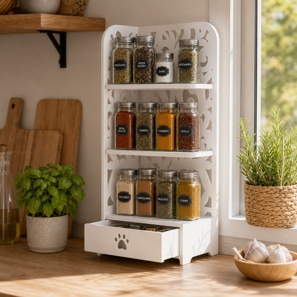 Organizator Multifuncțional din PVC pentru Baie și Cosmetice, cu 3 Rafturi și Sertar – Etajeră de Depozitare, Alb, 22 x 22 x 55 cm - in context de utilizare