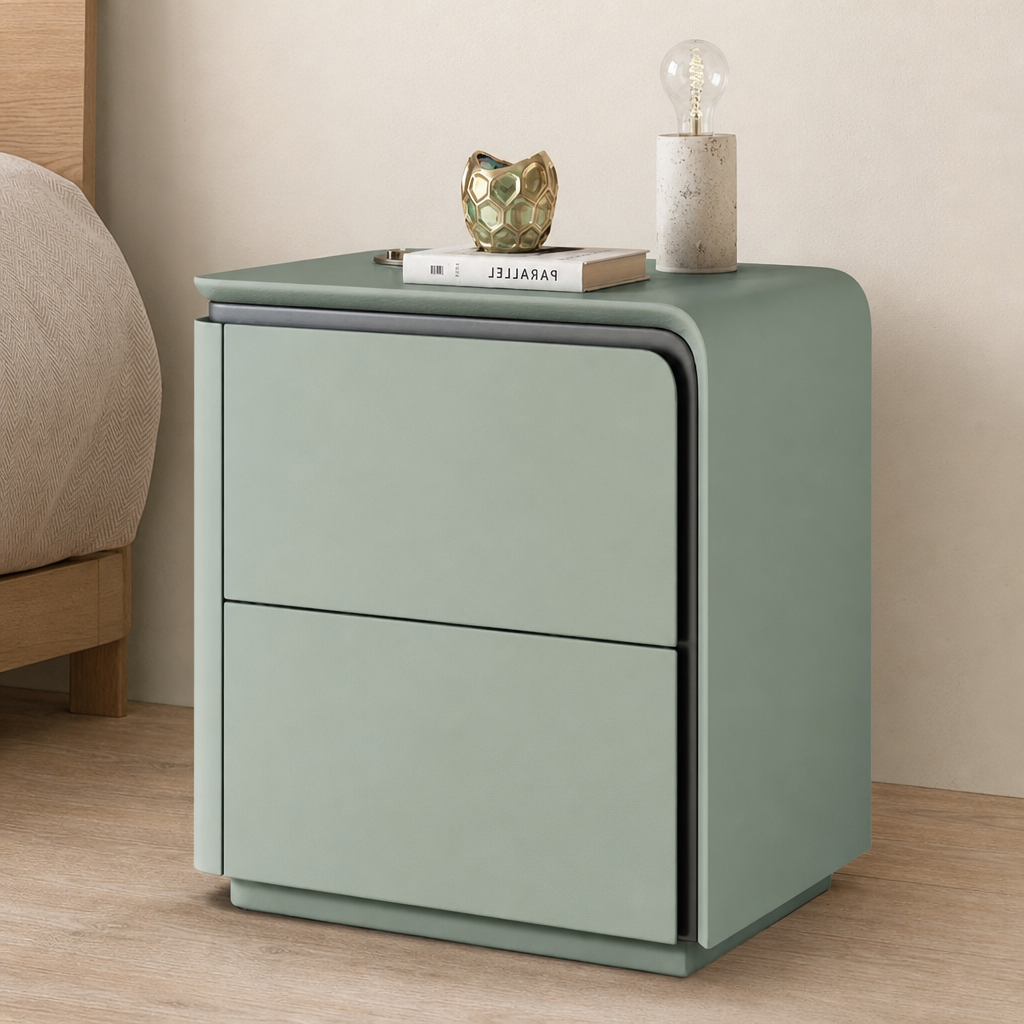 Noptiera Mint Green cu 2 Sertare MDF Furnir Stejar 50x40x48cm Design Curbat Dormitor - detaliu produs