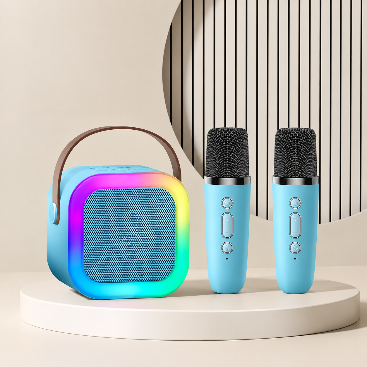 Boxa Portabila Karaoke pentru Copii cu 2 Microfoane Wireless Bluetooth Lumini RGB Roz sau Albastru