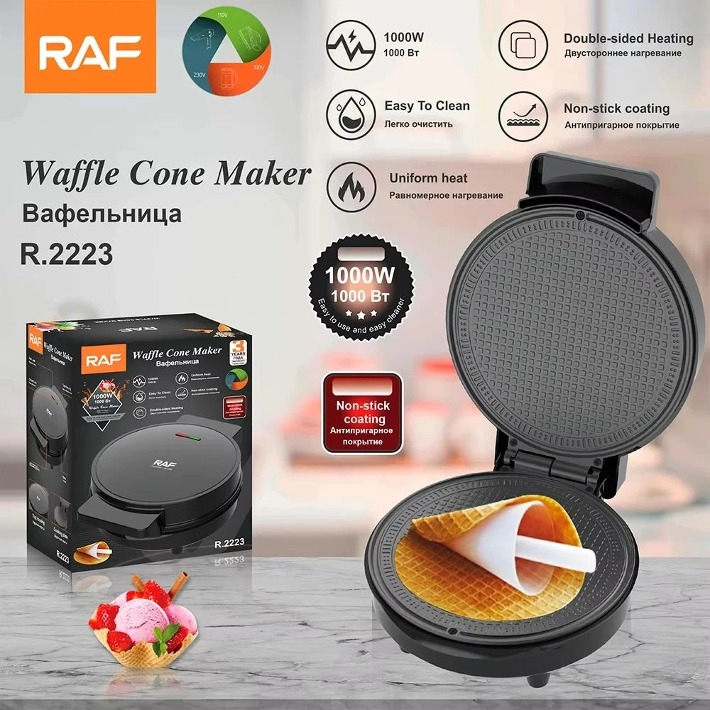 Aparat de facut conuri de vafe, RAF R2223, 1000 W, diametru 20 cm, negru