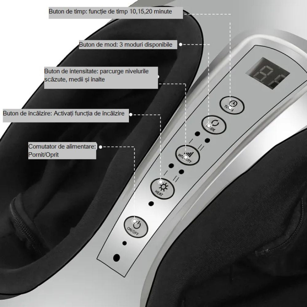 Aparat de masaj Shiatsu pentru picioare, afisaj LED, compresie aer cu incălzire, 3 Niveluri, ameliorarea durerii și tensiunii, picioare obosite, relaxarea mușchilor