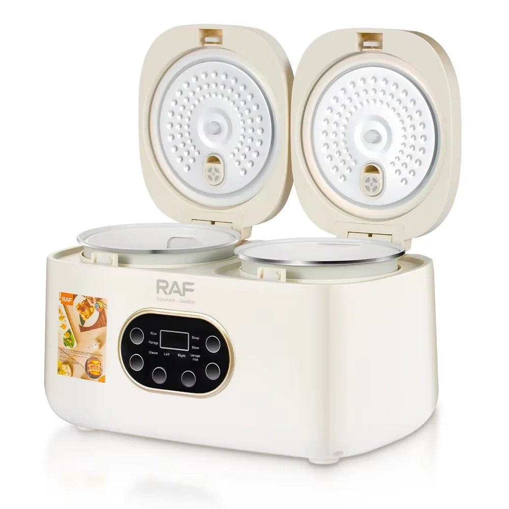Aparat electric multifunctional, RAF R5419, pentru gatit orez in stil asiatic, 800W, 4L, 14 functii, 2 compartimente, alb-bej