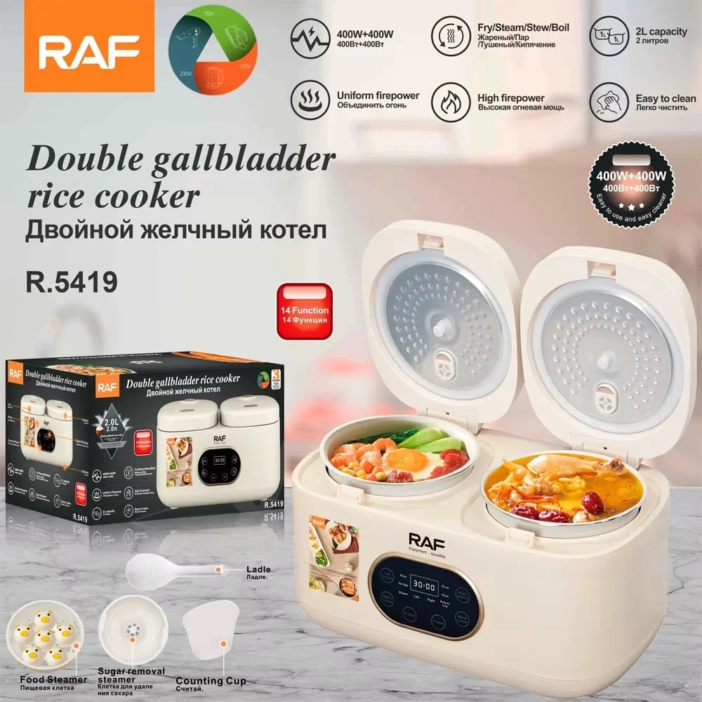 Aparat electric multifunctional, RAF R5419, pentru gatit orez in stil asiatic, 800W, 4L, 14 functii, 2 compartimente, alb-bej