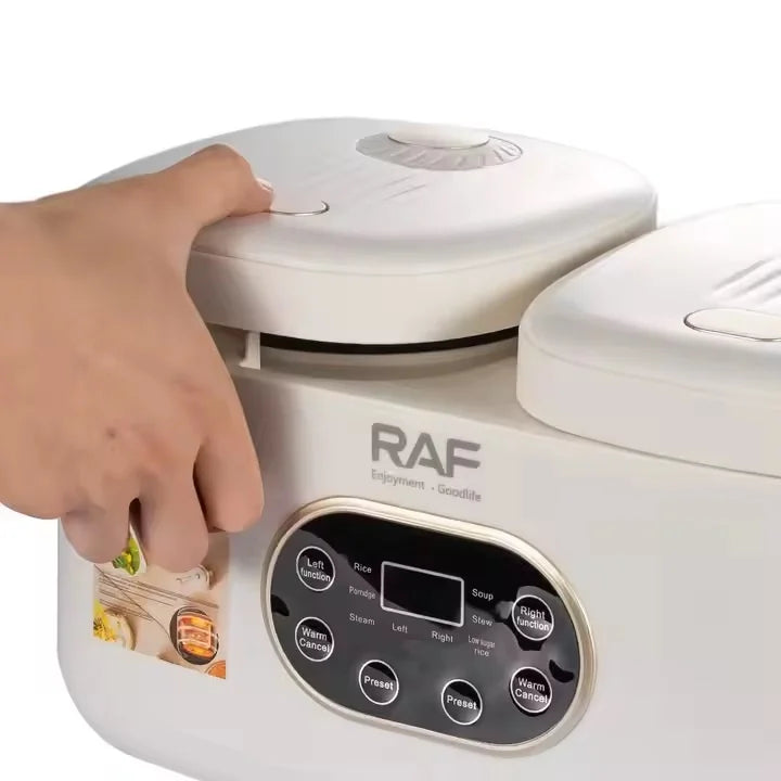 Aparat electric multifunctional, RAF R5419, pentru gatit orez in stil asiatic, 800W, 4L, 14 functii, 2 compartimente, alb-bej