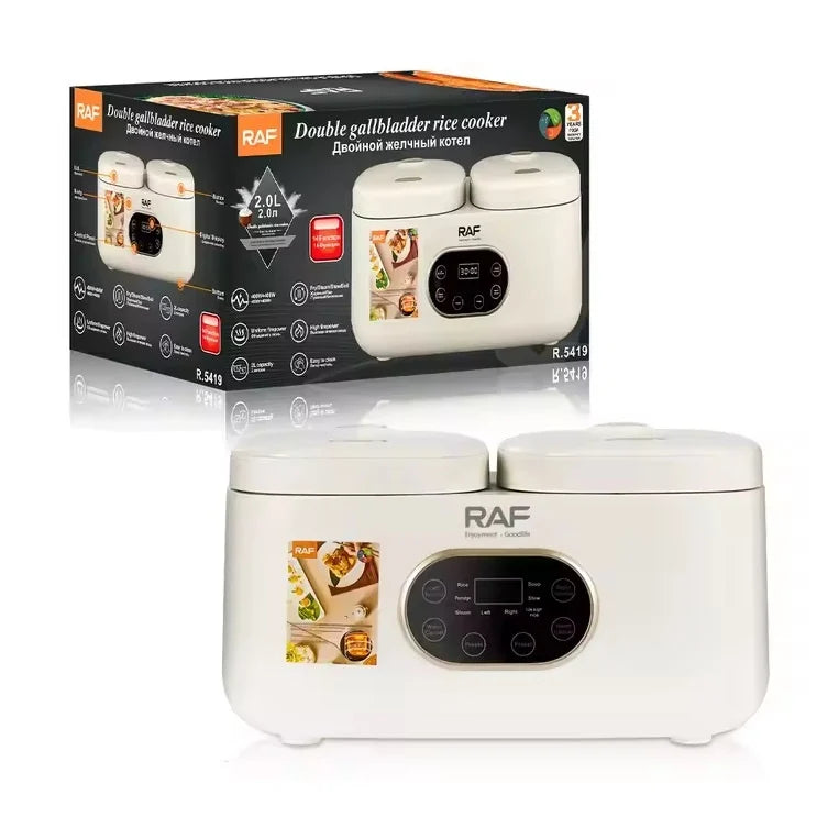 Aparat electric multifunctional, RAF R5419, pentru gatit orez in stil asiatic, 800W, 4L, 14 functii, 2 compartimente, alb-bej