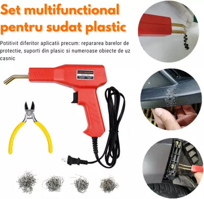 Trusa aparat sudat plastic, pistol profesional pentru lipit/sudat plastic, kit pentru repararea fisurilor din plastic, polipropilena, 200 capse de intarire, putere 50W