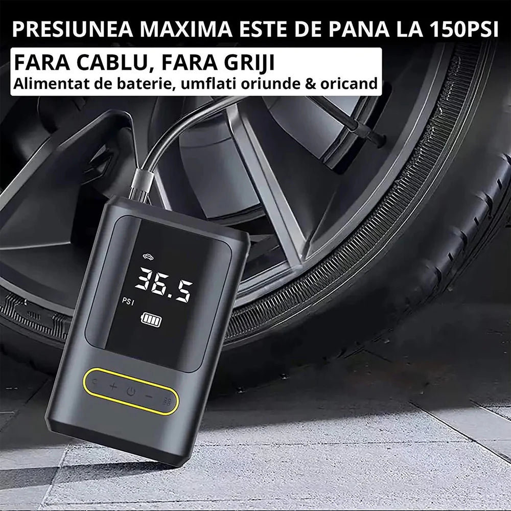 Pompa aer auto electrica, afisaj digital LCD, Lanterna LED, Portabila, Reincarcare USB C, baterie 4000 mAh, Manometru digital, 120 W, sundiguer, Negru
