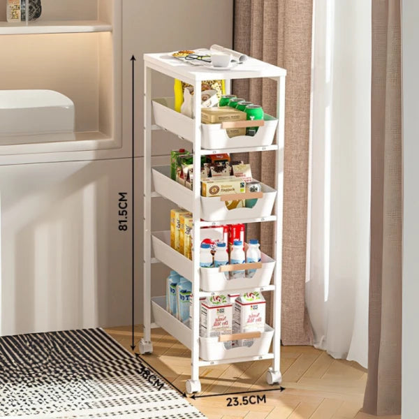 Suport slim portabil cu 5 nivele, 4 rafturi retractabile si 1 polita din MDF, rotativ 360°, 38x 23.5 x 81.5 cm