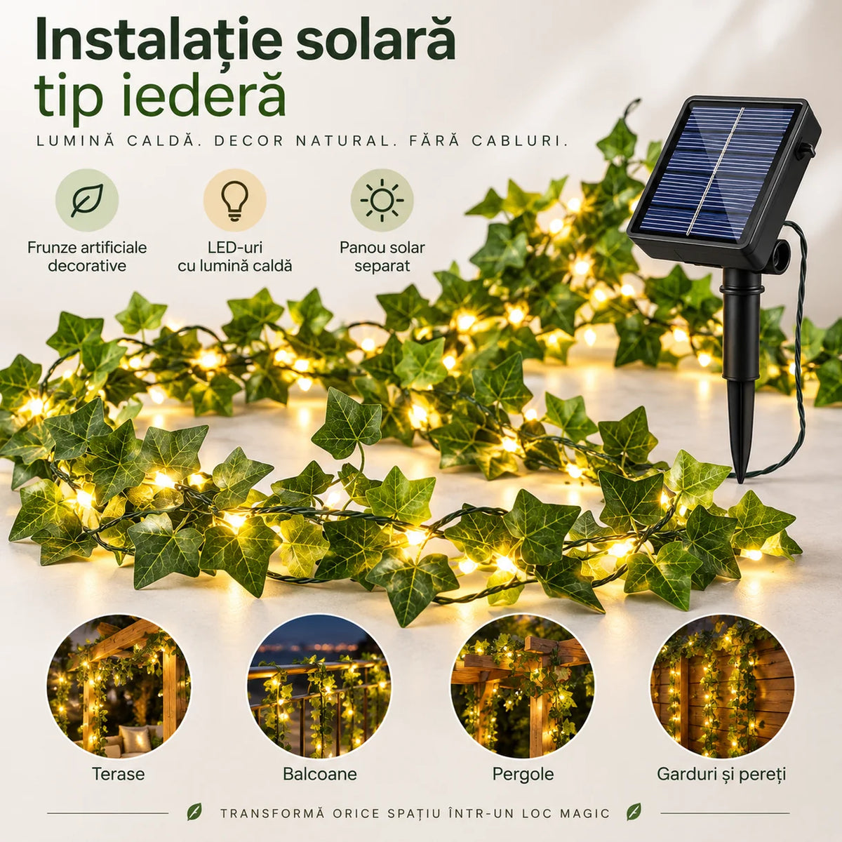 Instalatie solara LED tip iedara cu frunze artificiale lumina calda 7m 50 LED-uri sau 12m 100 LED-uri - detaliu produs