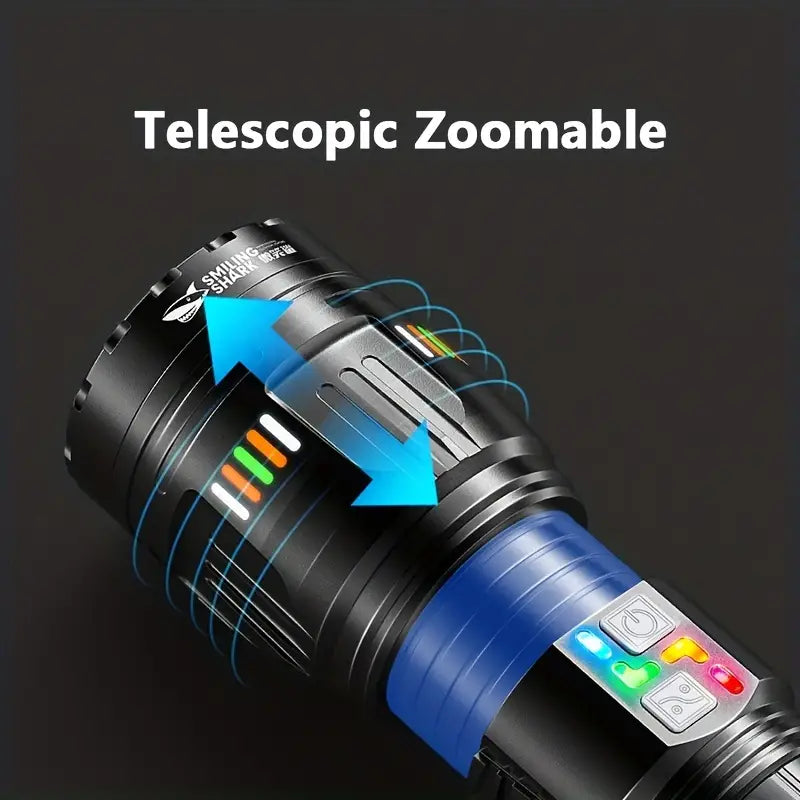 Lanterna profesionala cu led laser, 5km raza actiune, 30000 lumeni, 6 moduri luminare, 90W, incarcare USB-C, baterii incluse