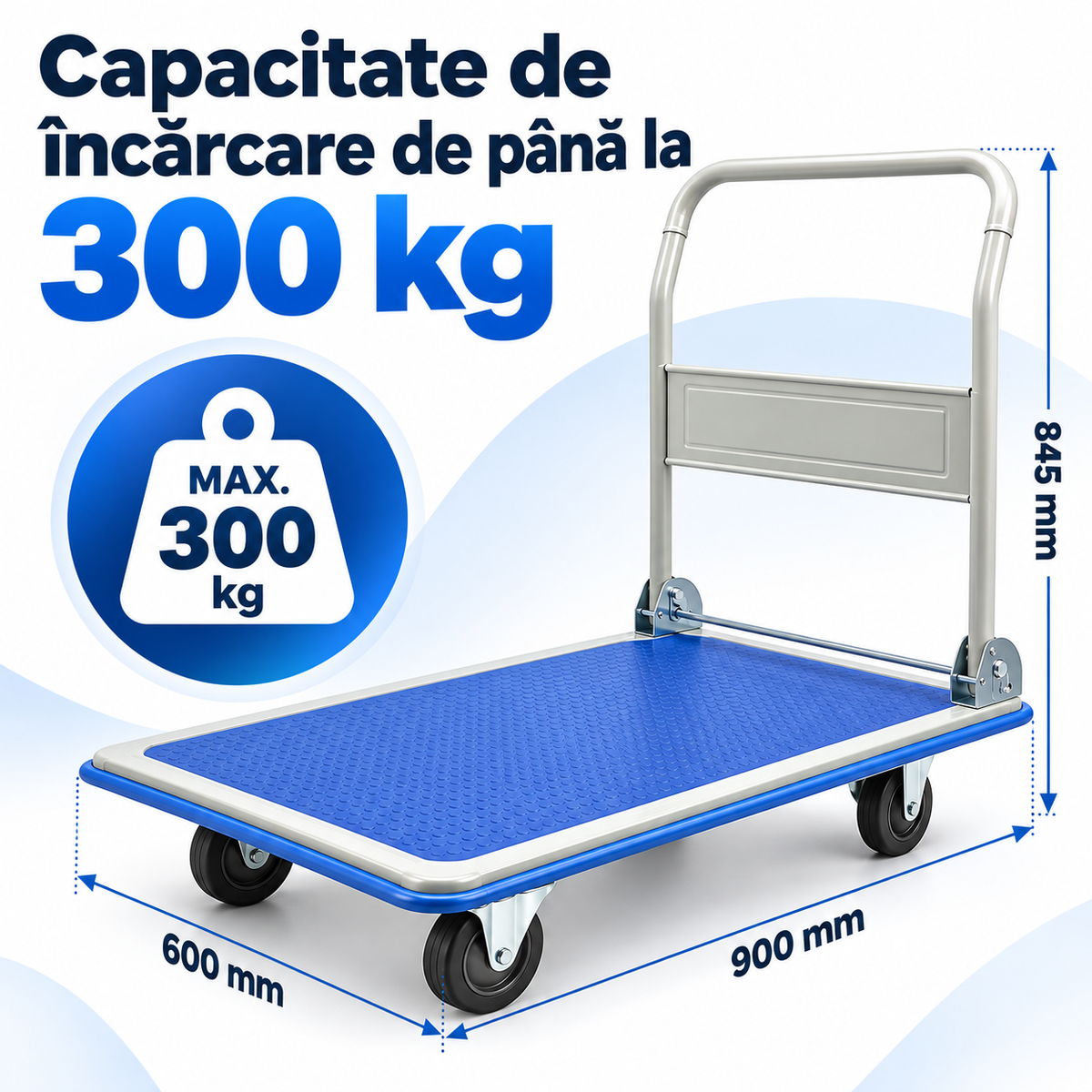 Carucior Platforma Pliabil Transport Marfa 300 kg 900x600 mm 4 Roti TPR Silentioase Maner Rabatabil Albastru - detaliu produs