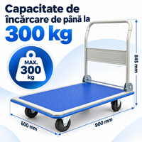 Carucior Platforma Pliabil Transport Marfa 300 kg 900x600 mm 4 Roti TPR Silentioase Maner Rabatabil Albastru - detaliu produs