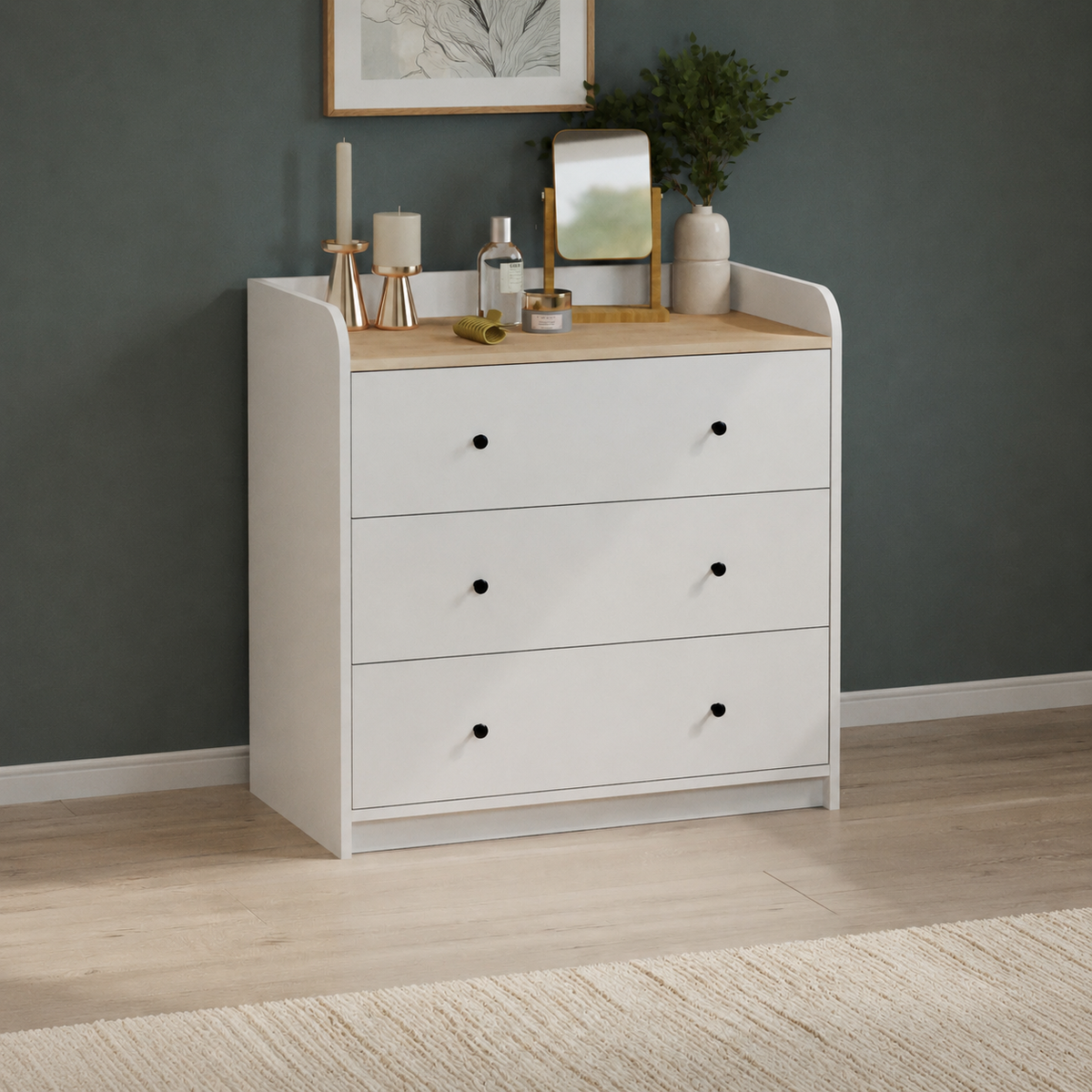 Comoda dormitor din PAL 90x50,1x90 cm, cu 3 sertare si 6 compartimente