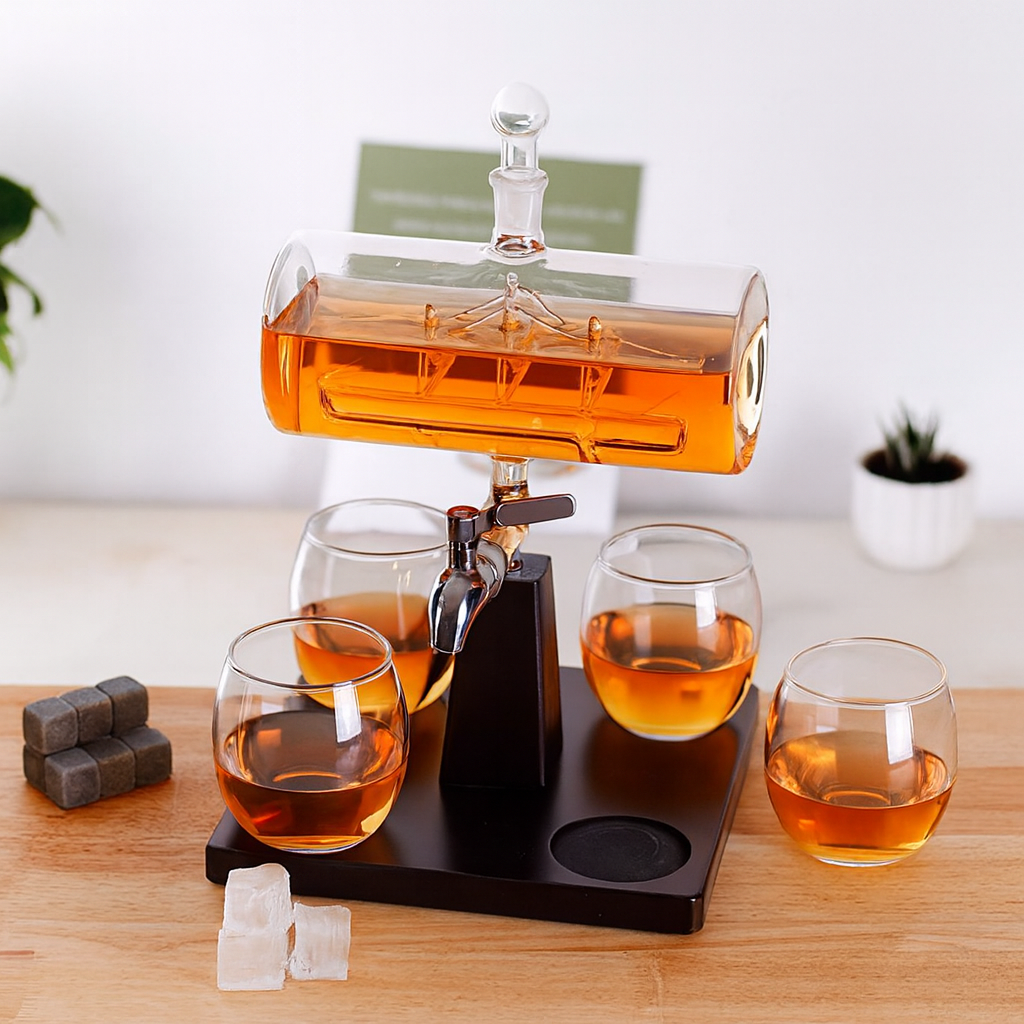 Set Decantor Whisky sub forma de corabie cu suport de lemn si 4 pahare, 1100ml