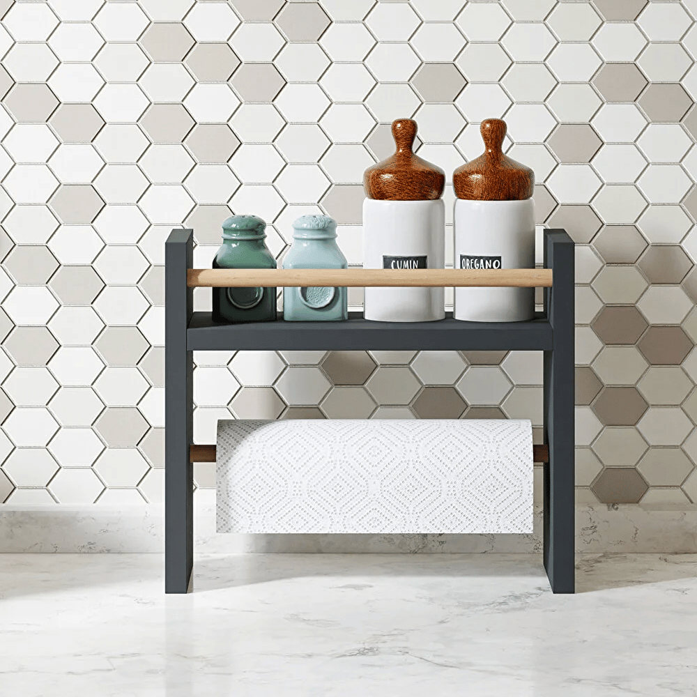 Raft lemn bucatarie 2 in 1 cu suport prosop hartie, organizator condimente, 30x13.5x29 cm