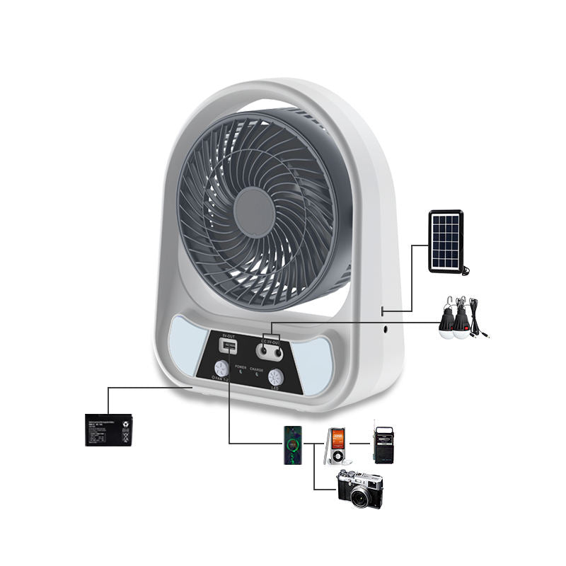 Ventilator cu incarcare solara, 15/20 cm, cu 2 becuri incluse, functie de powerbank, din ABS, cu USB, alb/gri