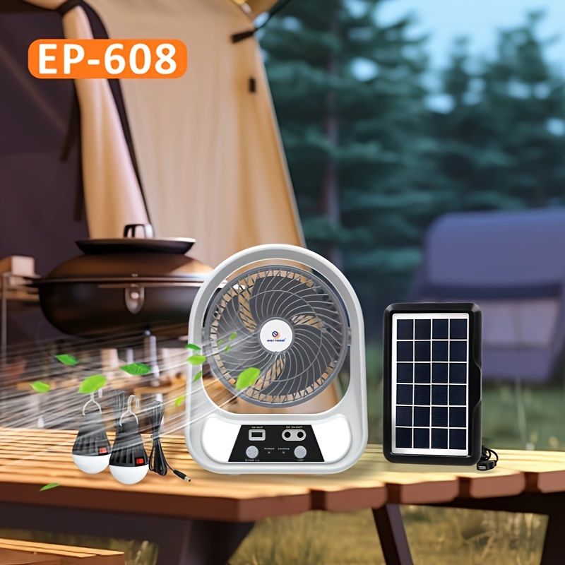 Ventilator cu incarcare solara, 15/20 cm, cu 2 becuri incluse, functie de powerbank, din ABS, cu USB, alb/gri