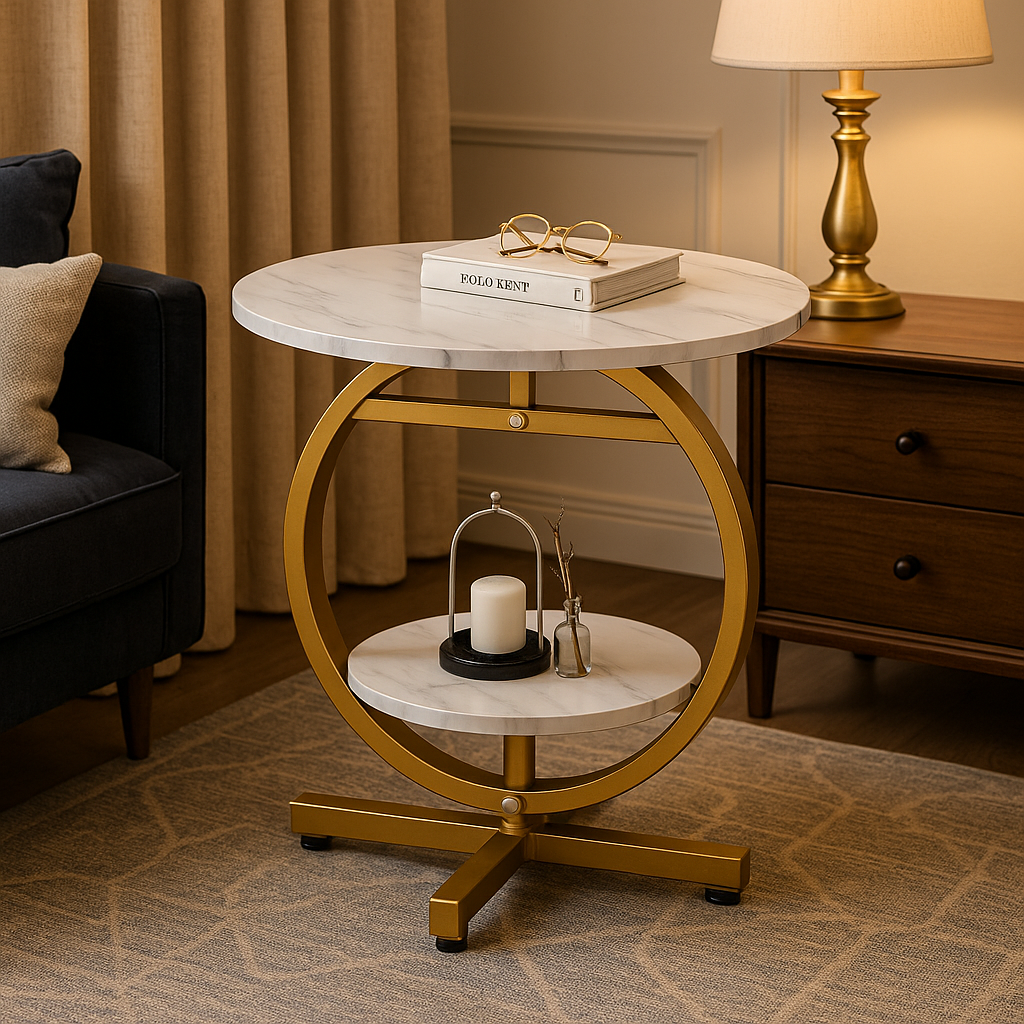 Masuta de cafea rotunda cu design tip marmura, 2 nivele de depozitare