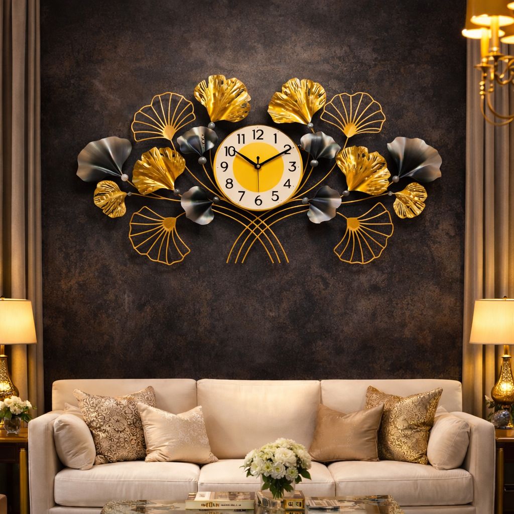 Ceas Decorativ de Perete, Design Floral Modern, Metal Auriu si Gri-Verzui, 90 x 45 cm